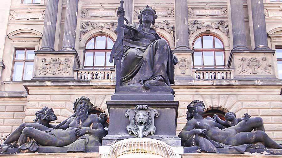 Statues at the entrance to the National Museum of Prague